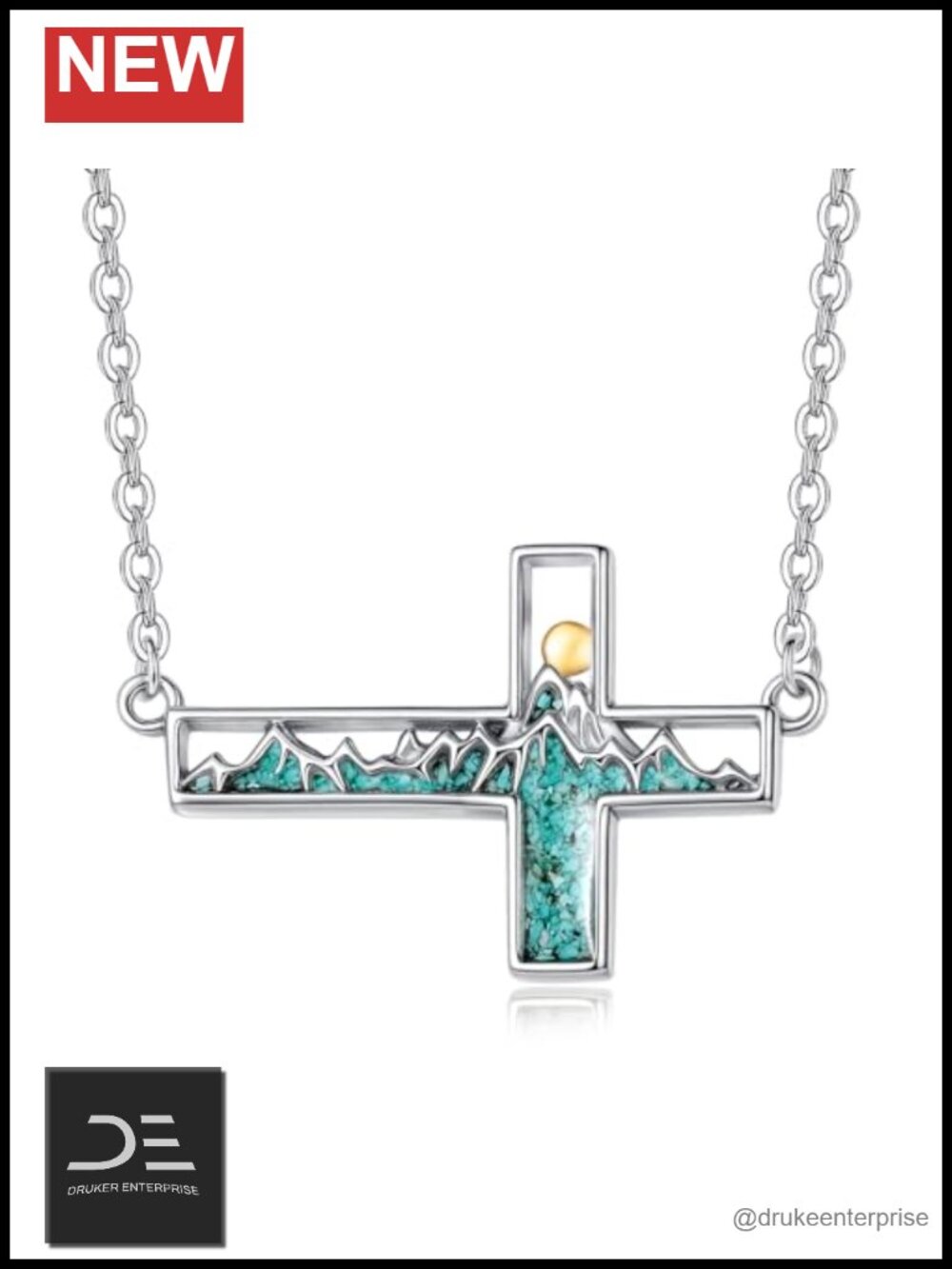 925 Sterling Silver Sideways Cross Turquoise Pendant Necklace